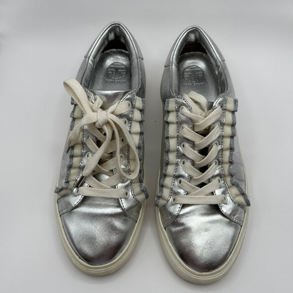 Tory Sport Metallic Silver Leather Sneakers with Cream Accents
